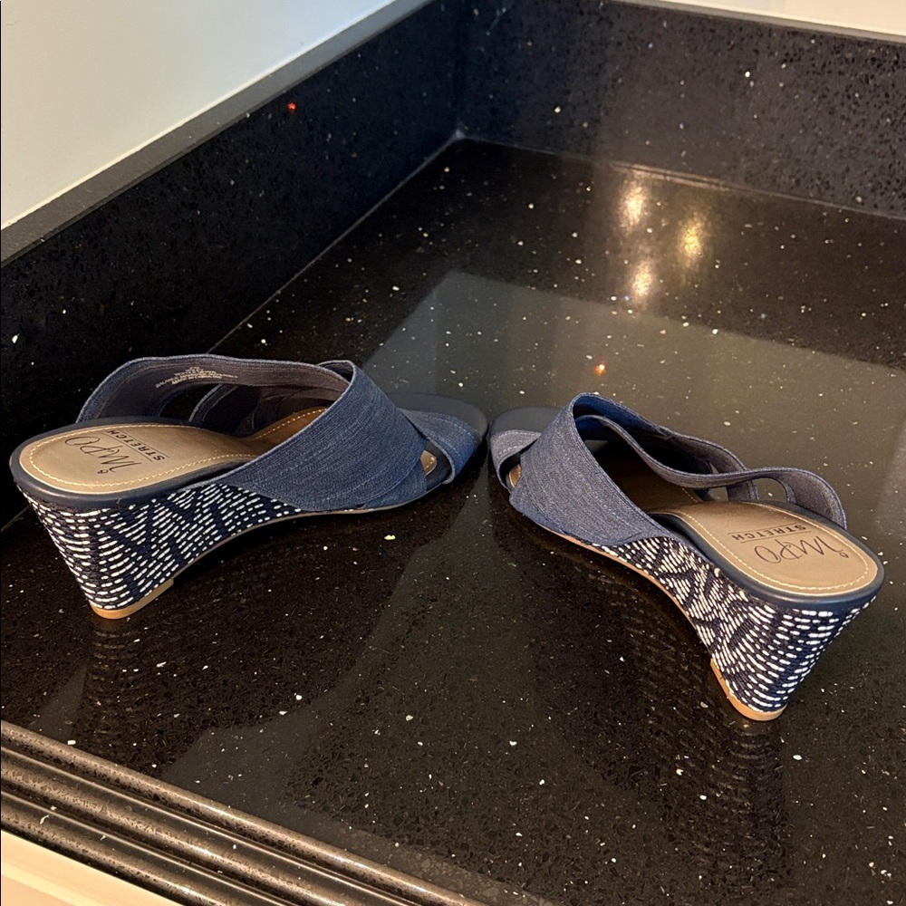 *Impo Denim Blue Stretch Wedges Sandals Mules Slides BOHO Beach Vacation - Picture 10 of 14